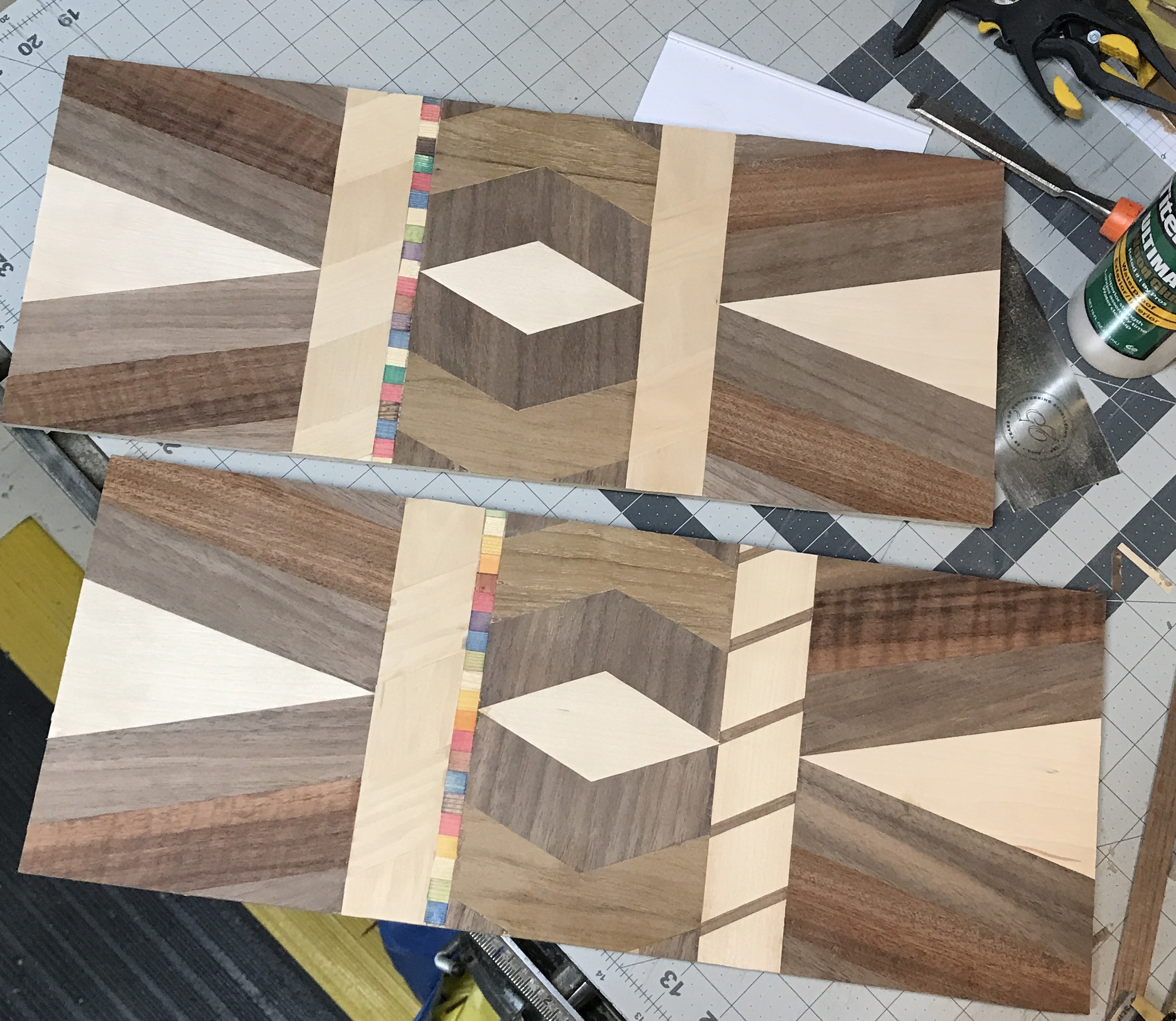 The two veneered box faces after sanding.